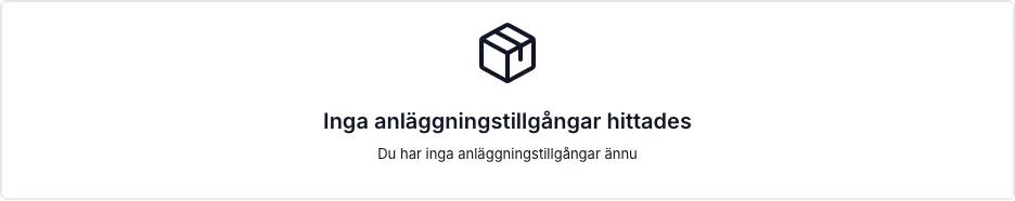 Tillgångsregistrets tomma tillstånd — ett kort som bekräftar att inga anläggningstillgångar är registrerade än.