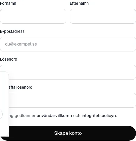 Registreringsformuläret med fält för förnamn, efternamn, e-postadress, lösenord och bekräfta lösenord, och kryssrutan för användarvillkor och integritetspolicy.
