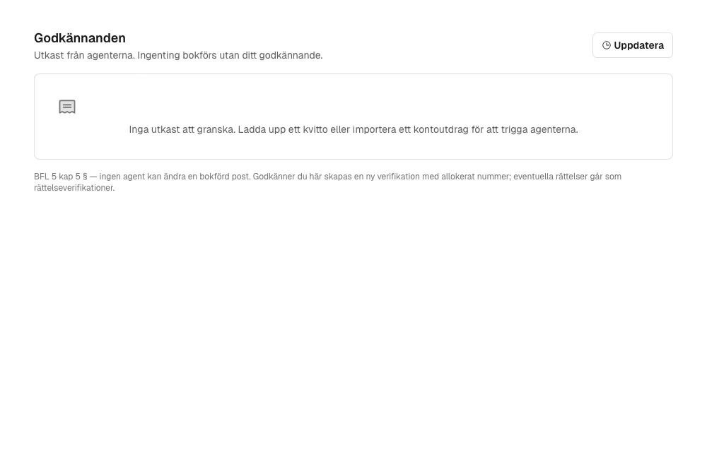 Godkännanden-inkorgen där Bokföringsagentens verifikationsutkast (komplett debet/kredit-konteringen) väntar på godkännande innan VerificationCommitService commitar dem till huvudboken.