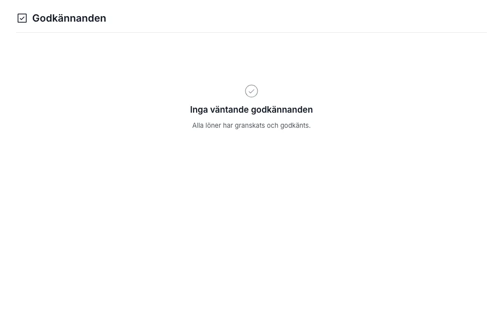 Godkännanden-fliken med rubrik "Godkännanden — Utkast från agenterna. Ingenting bokförs utan ditt godkännande." och tom-lista-tillstånd samt BFL-referens om att inga agenter kan ändra en bokförd post.