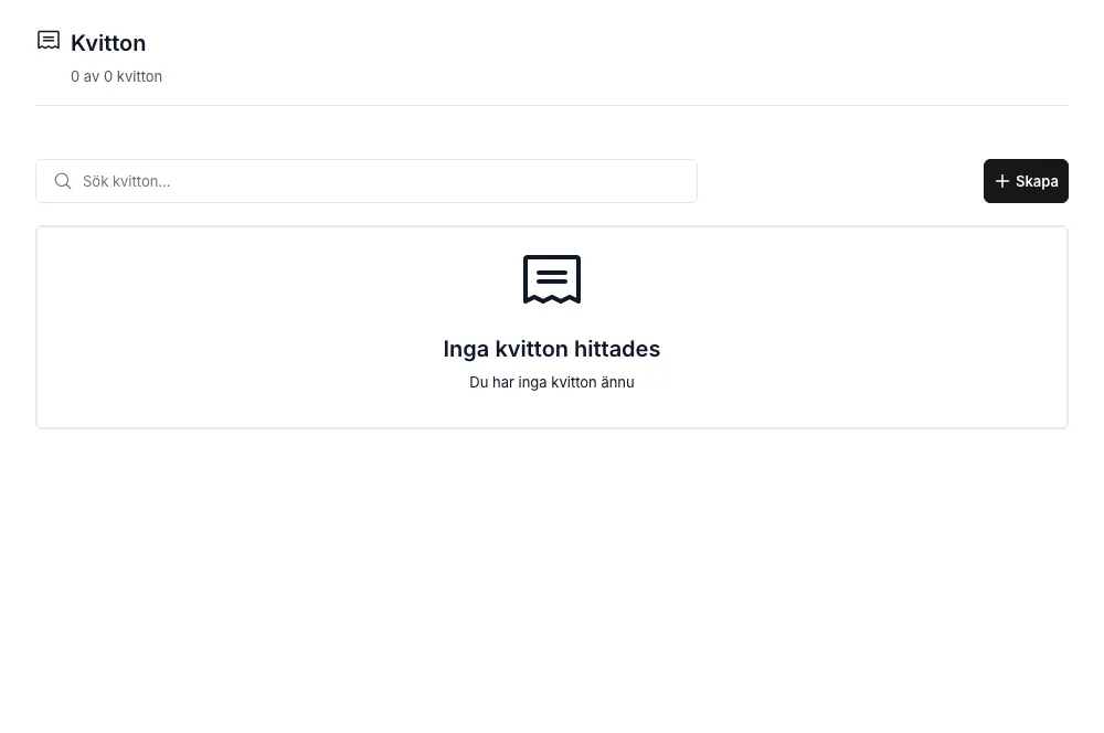 Kvitton-fliken med kvittotabell — nummer, leverantör, belopp, moms, datum, kategori och status per rad.