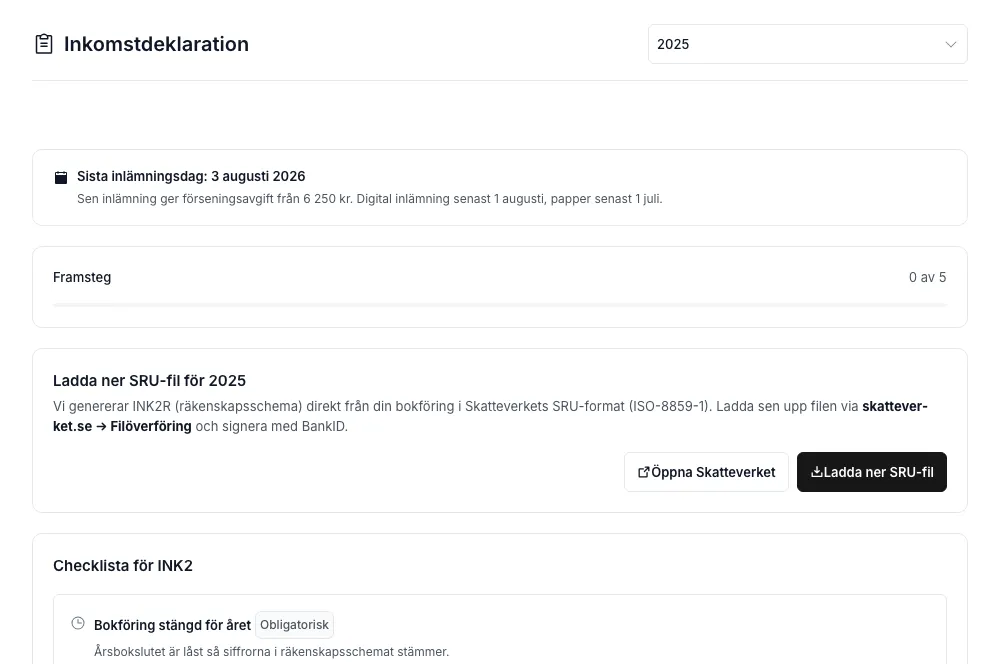 Inkomstdeklaration-fliken med årsväljare, deadline-notis (3 augusti 2026), framstegsindikator (0/5), SRU-nedladdning, och checklist-kort för INK2-steg som Bokföring stängd för året.