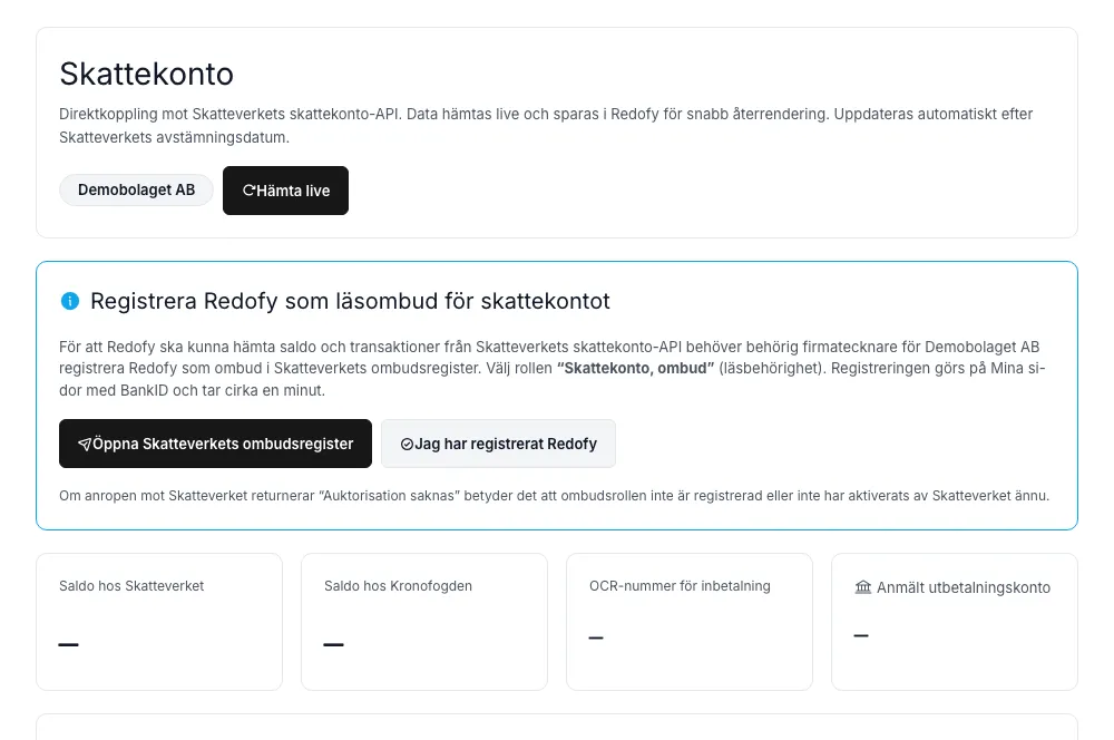 Skattekonto-fliken med direktkoppling mot SKV skattekonto-API, företagsväljare, ombudsregistreringskort, och KPI-rad (Saldo hos SKV, Saldo hos Kronofogden, OCR-nummer, Anmält utbetalningskonto).