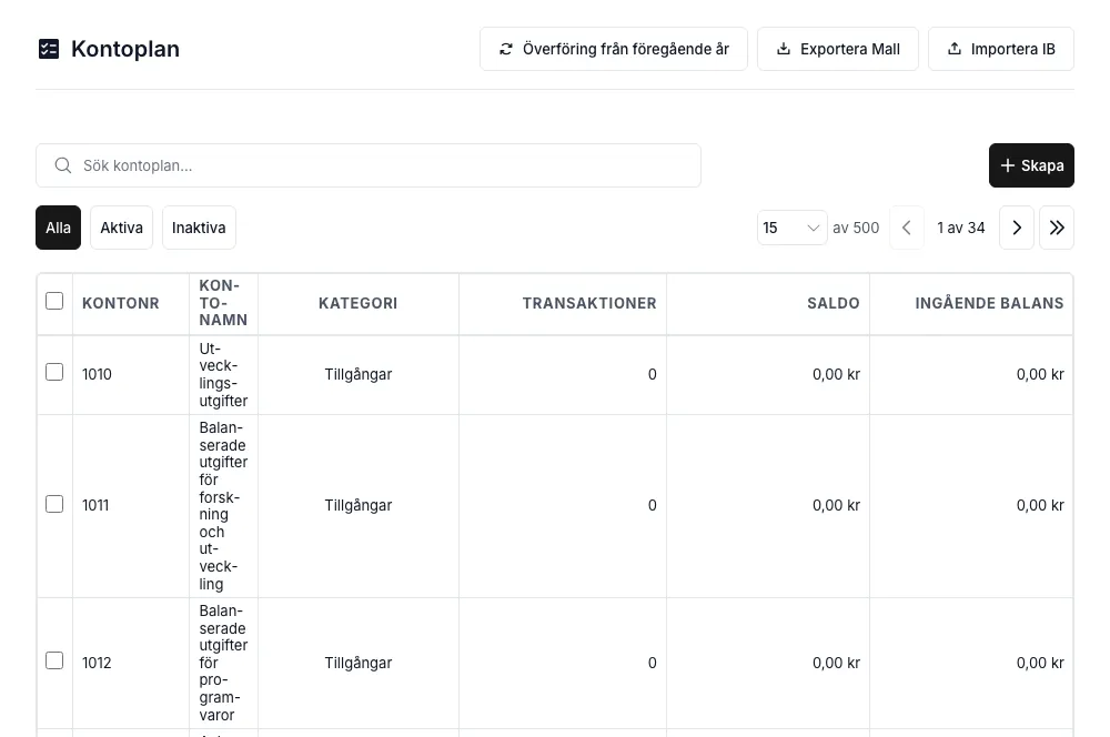Kontoplan med BAS 2026 laddad — filter för Alla/Aktiva/Inaktiva, söktjänst och tabell över konton med nummer, namn, kategori, antal transaktioner, saldo och ingående balans.
