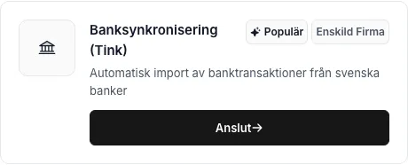 Tink-integrationens kort med märkningarna Populär och Enskild firma, en kort beskrivning och knappen Anslut.